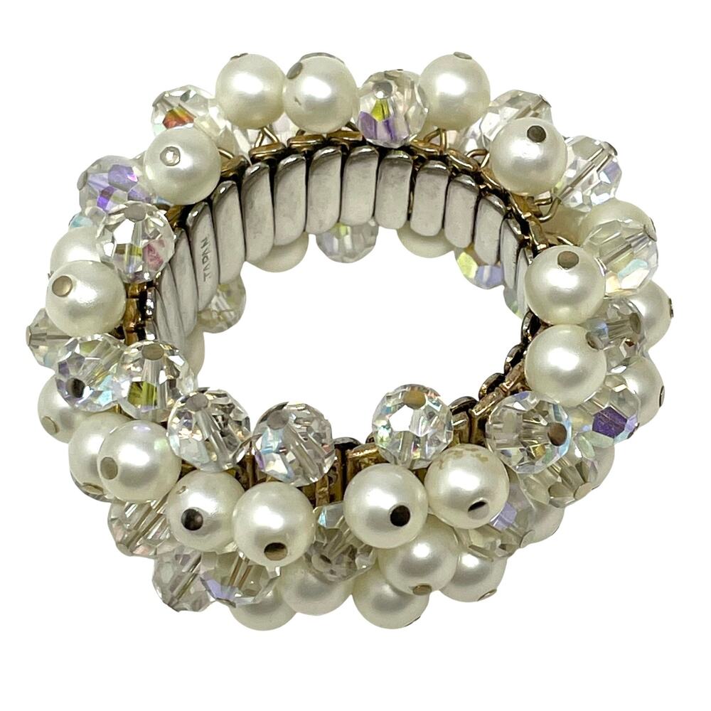 Vintage 1960’s Cha Cha Faux Pearl and Clear Aurora Borealis Stretch Bracelet